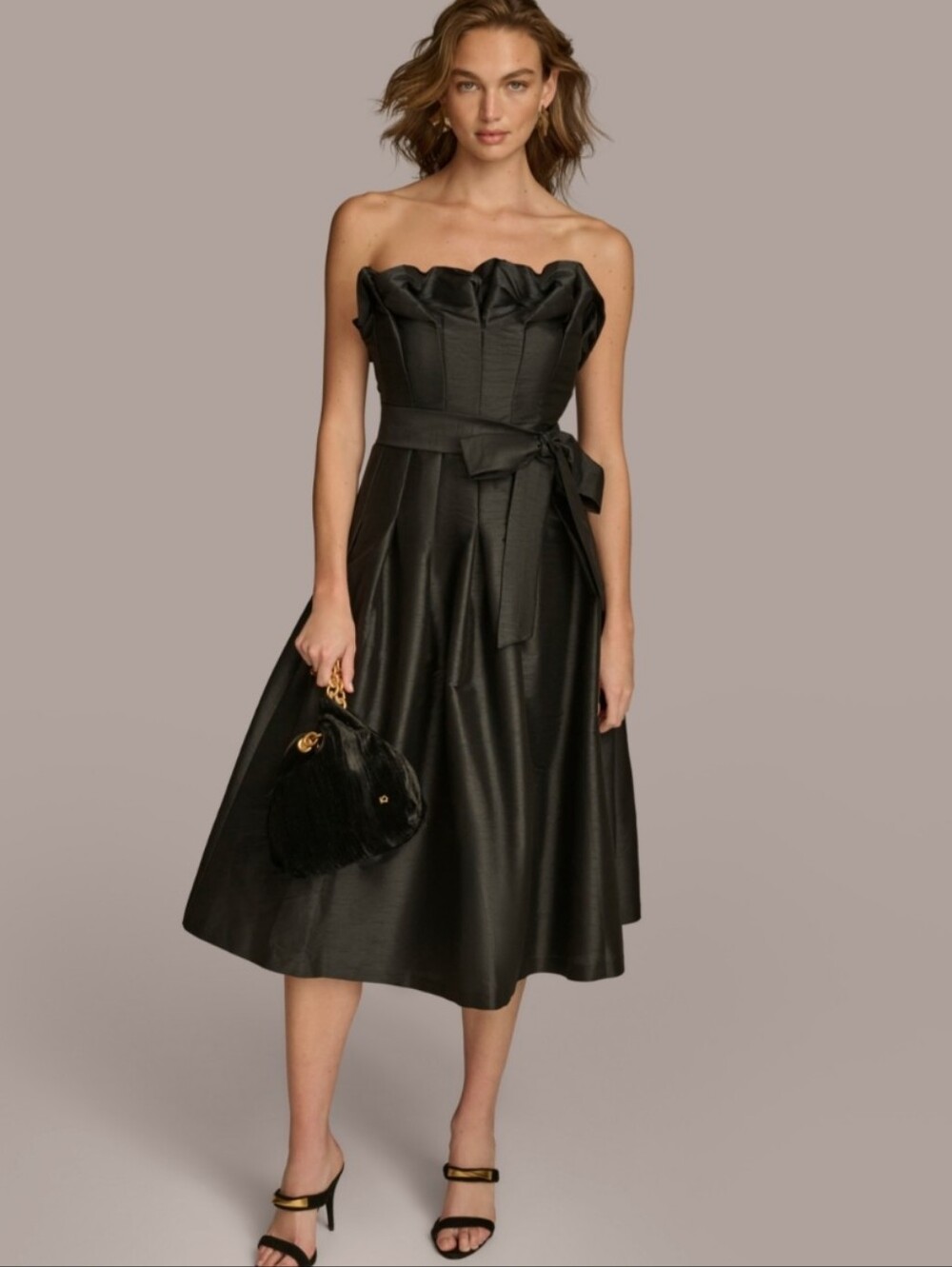 Donna Karan Ruffle-Trim Tie-Waist Dress - Black
